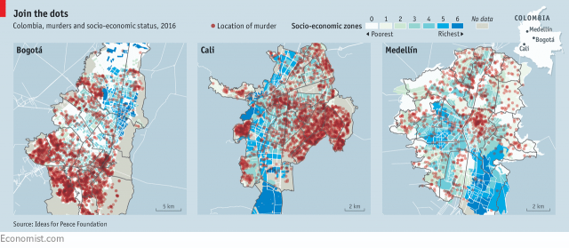 chart from the economist showing the geografical location of murders in different colombian cities